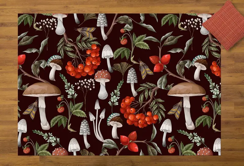 Eleganter bedruckter Teppich: Buntes schwarzes Pilzmuster