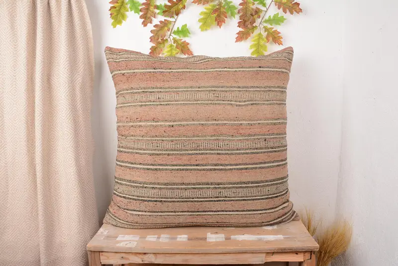 Embroidered Beige & Brown Throw Pillow, Vintage Striped Cushion