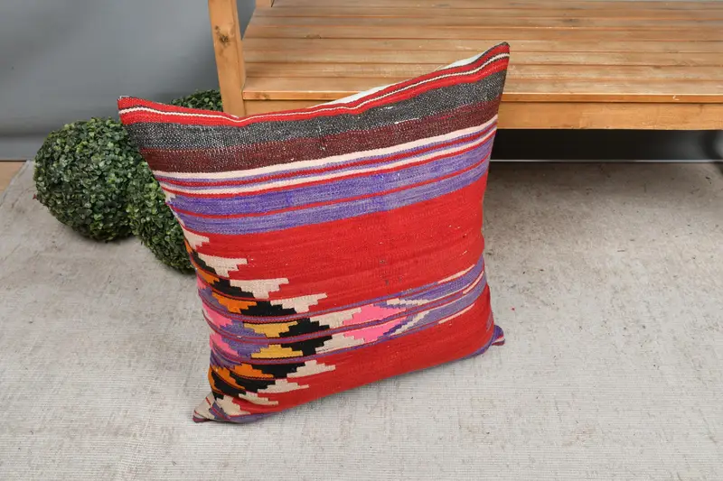 24x24 Red Pillow Sham, Crochet Pattern Cushion Case, Aesthetic Cushion, Pillow, Turkish Kilim Pillow, Turkish Pillow, Kilim Pillow - 7