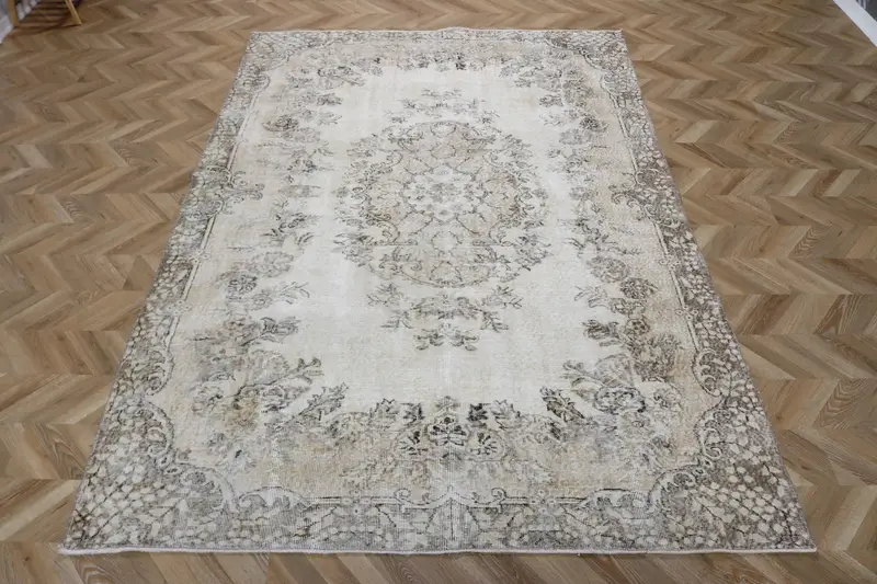 6.6x9.8 ft Large Turkish Rug, Gray Plants & trees Vintage Rug - 1