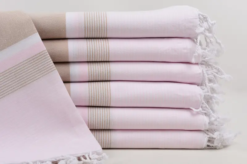Beige-Pink Striped Turkish Cotton Towel, Personalized Gift, 67x40 Inches