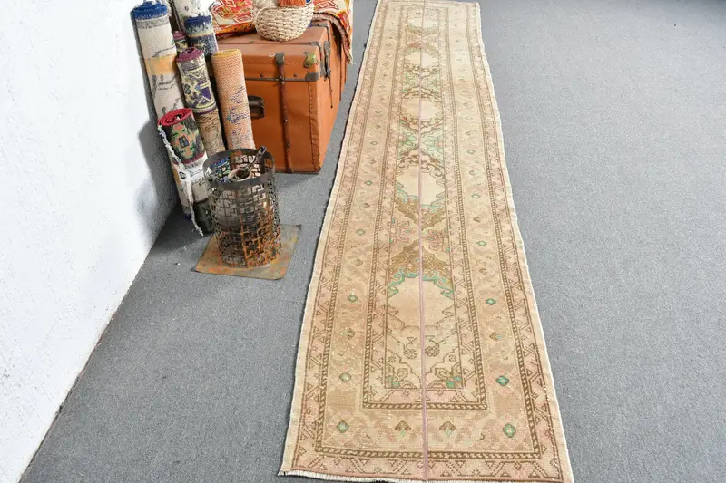 Alfombra turca Runner de 2,3x12,2 pies, alfombra vintage, alfombra de lana Ombré azul marrón - 1