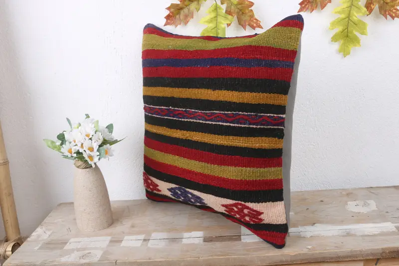 Vintage Kilim Pillow, Antique Pillows, Christmas Cushion Case, Wool Kilim Pillow Pillow Cover, Pillow Case, 16x16 Red Cushion, Throw Kilim Pillow - 4