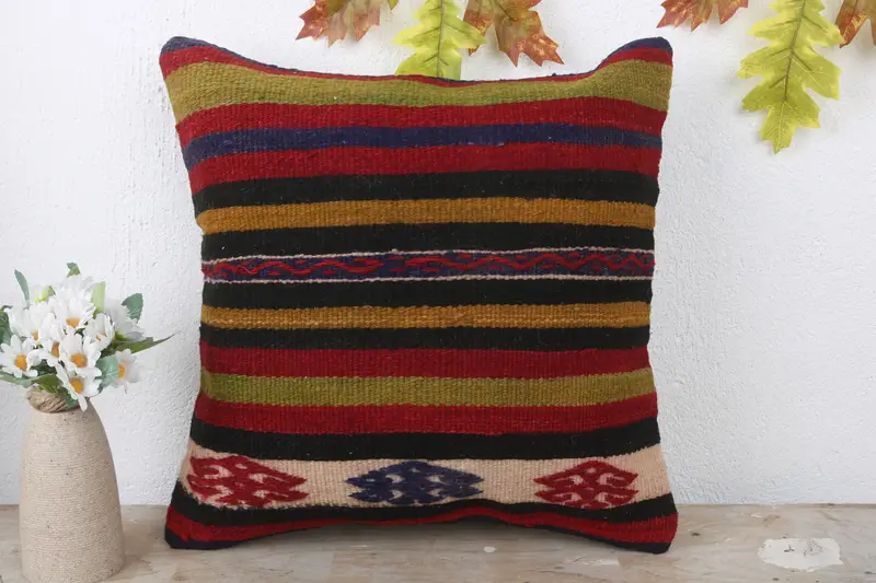Vintage Kilim Pillow, Antique Pillows, Christmas Cushion Case, Wool Kilim Pillow Pillow Cover, Pillow Case, 16x16 Red Cushion, Throw Kilim Pillow - 2