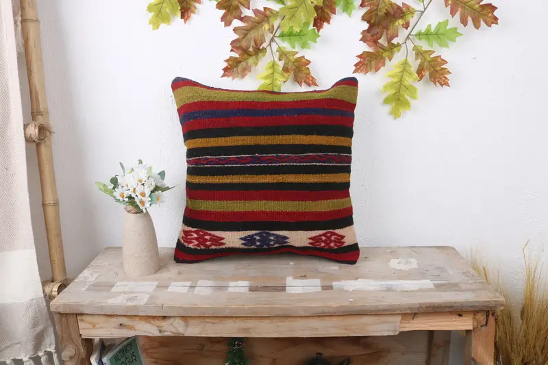 Vintage Kilim Pillow, Antique Pillows, Christmas Cushion Case, Wool Kilim Pillow Pillow Cover, Pillow Case, 16x16 Red Cushion, Throw Kilim Pillow - 1