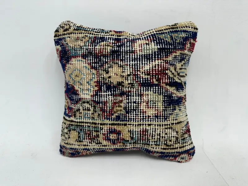 Blue & Beige Southwestern Embroidered Pillow, 12x12 Inch Throw Pillow - 1