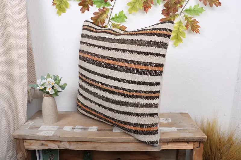 Boho Pillow, Pillow Case, Ethnical Kilim Rug Pillow, 20x20 Beige Pillow, Tapestry Cushion Case, Vintage Kilim Throw Pillow, Handmade Cushion Case - 4