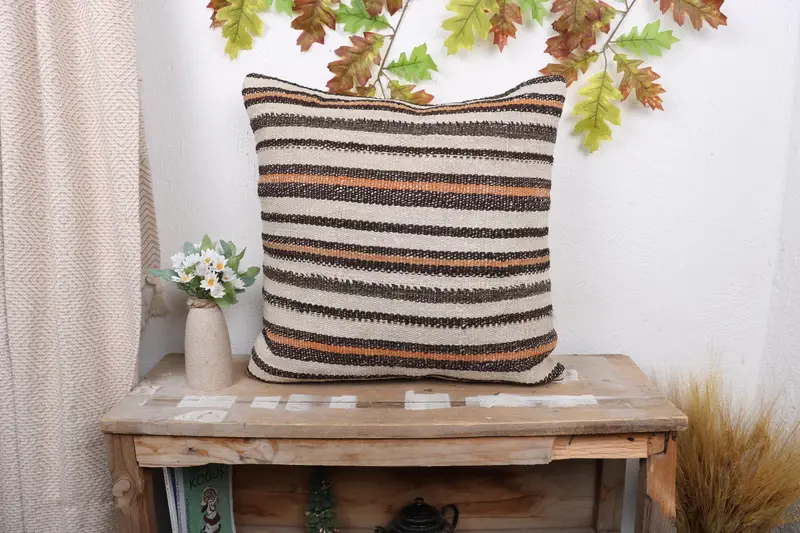 Boho Pillow, Pillow Case, Ethnical Kilim Rug Pillow, 20x20 Beige Pillow, Tapestry Cushion Case, Vintage Kilim Throw Pillow, Handmade Cushion Case - 1