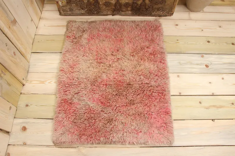 El Yapımı Pembe Hayvan Baskılı Halı, 0,2x2,6 ft