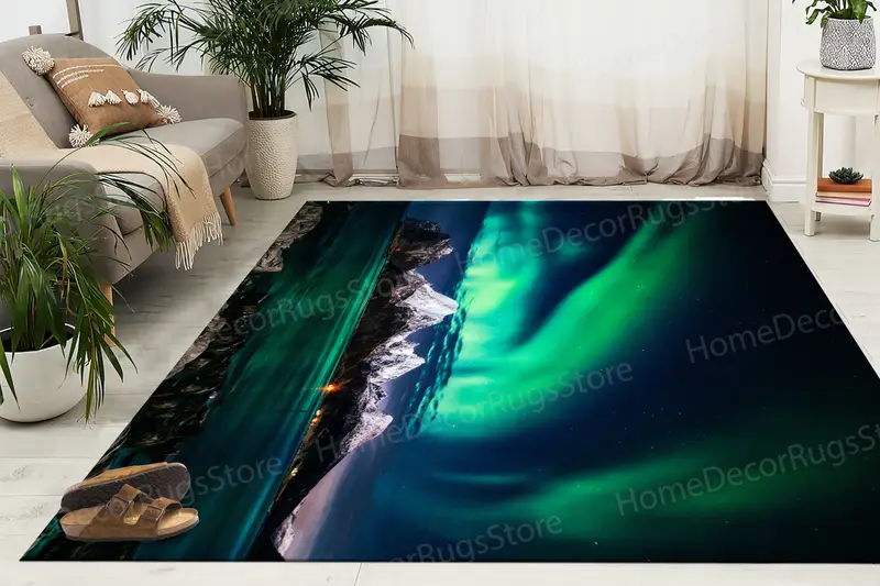 Aurora Gökyüzü Manzarası Baskılı Halı: Modern Doğadan Esinlenen Dekor