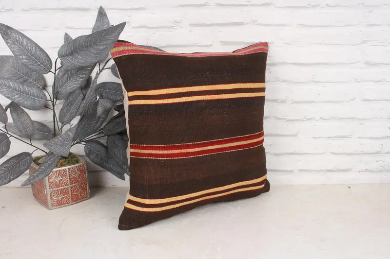 Custom Pillow, Kilim Cushion Sham, Throw Kilim Pillow, Yoga Cushion, Kilim Pillow, Pillow Case, 18x18 Brown Pillow Sham - 3