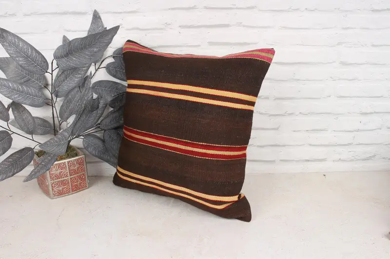 Custom Pillow, Kilim Cushion Sham, Throw Kilim Pillow, Yoga Cushion, Kilim Pillow, Pillow Case, 18x18 Brown Pillow Sham - 4
