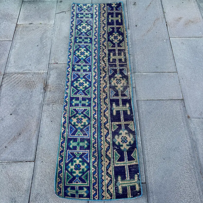 1.4x5 ft Oushak Rug, Turkish Vintage Rug, Blue Green Moroccan Rug - 1