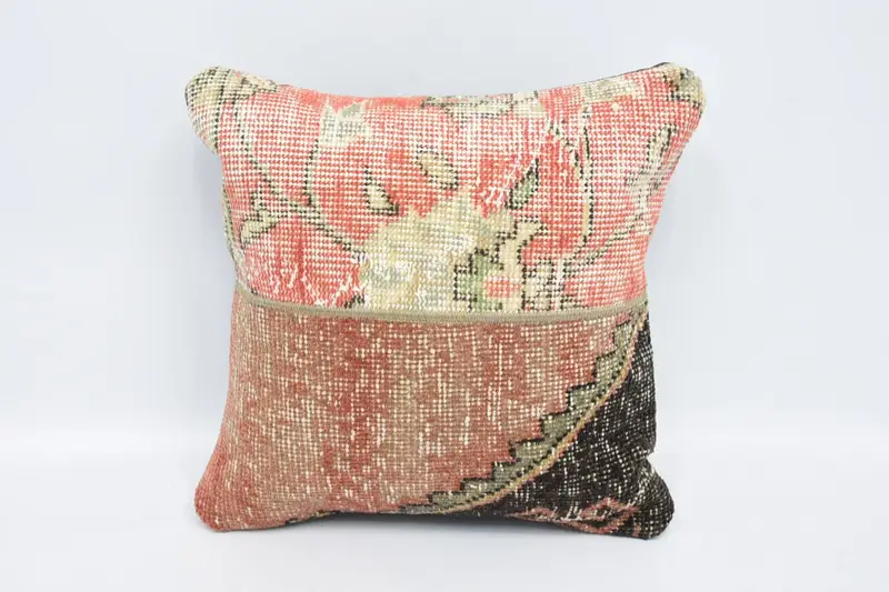 Red & Beige Embroidered Decorative Pillow, 16x16 Inches Size Pillow