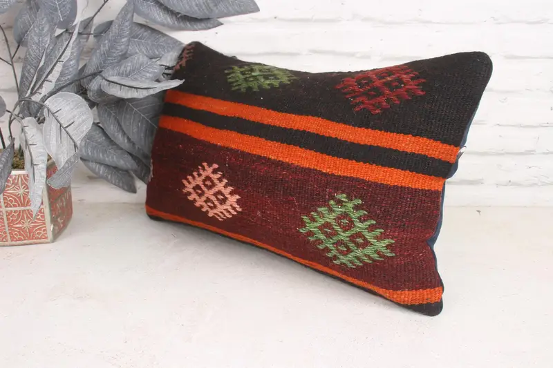 Antique Pillows, Cushion Case, Pillow for Couch, Turkish Bench Pillow Case, Throw Kilim Pillow, 12x20 Orange Pillow Cover - 4
