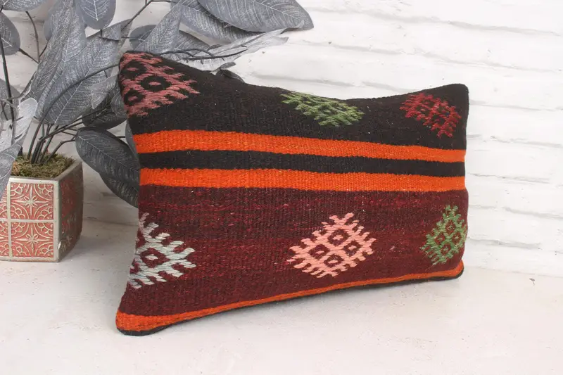 Antique Pillows, Cushion Case, Pillow for Couch, Turkish Bench Pillow Case, Throw Kilim Pillow, 12x20 Orange Pillow Cover - 3
