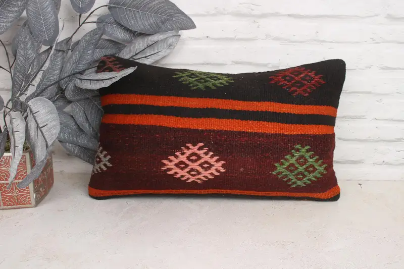 Antique Pillows, Cushion Case, Pillow for Couch, Turkish Bench Pillow Case, Throw Kilim Pillow, 12x20 Orange Pillow Cover - 1