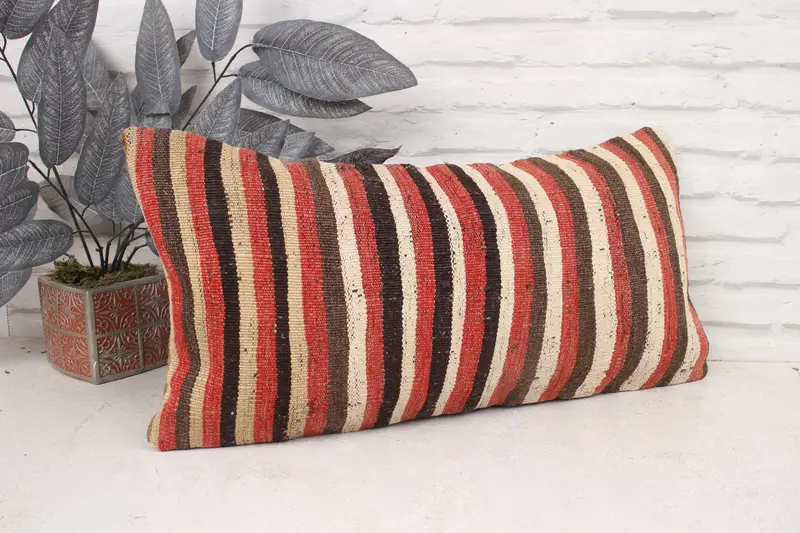 Kilim Pillow Cover, Vintage Kilim Pillow, Pillow, 12x24 Red Pillow Cover, Cotton Pillow Cover, Handwoven Cushion Case, Handmade Kilim Cushion - 3