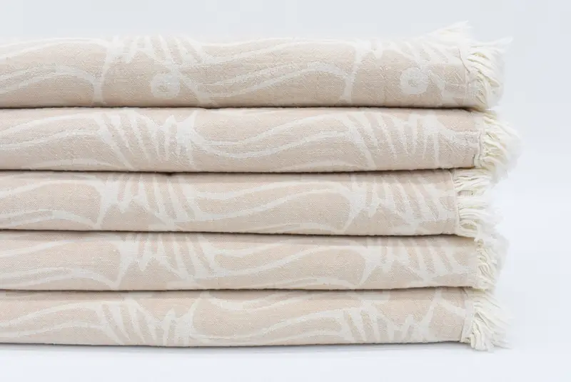 Beige Fish Design Turkish Bath Towel, Handmade Organic Cotton, 70x36 Inches
