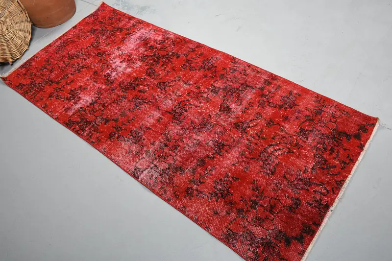 Vintage Oushak Accent Halı 3,1x6,8 ft (93x206 cm), Türk Kırmızı Çiçekli Yün Halı - 1
