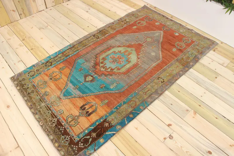 Türk Vintage Halı 3,9x7 ft (120x212 cm), Oushak Turuncu Mavi Ombré Halı - 1