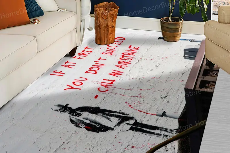 モダンなバンクシー グラフィティ エアストライク プリント ラグ - エレガントなホーム アクセント