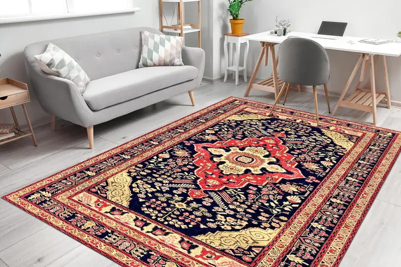 エレガントなプリントラグ：ブルー、ネイビー、レッド、ベージュの花柄ヴィンテージスタイル