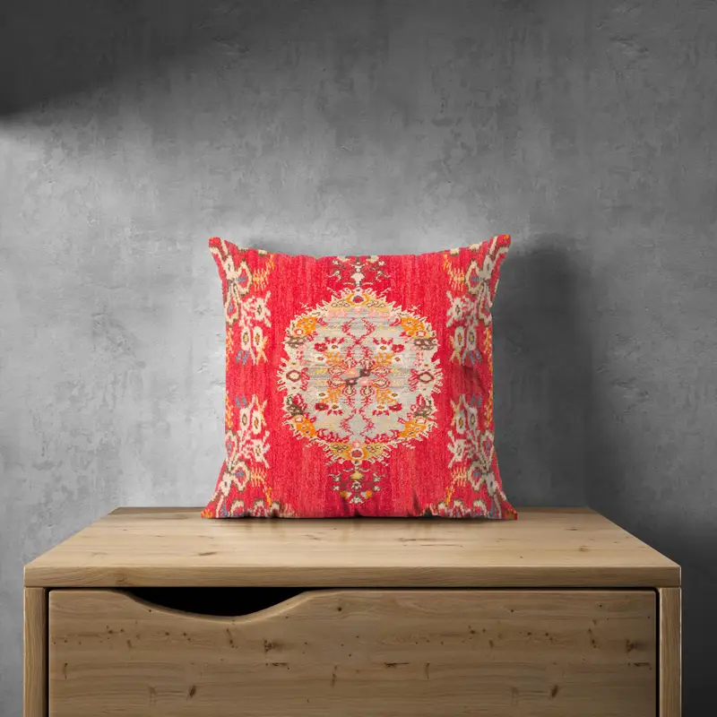 Rot & Beige besticktes Wurfkissen, Vintage Chenille Kissen