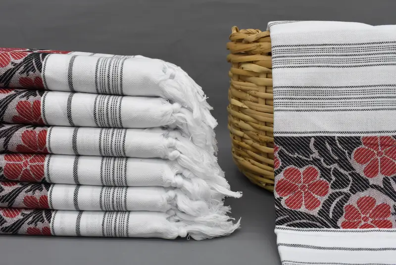 Beach Towel Monogram Turkish Cotton Red-Black Daisy Design, 70x40 Inches