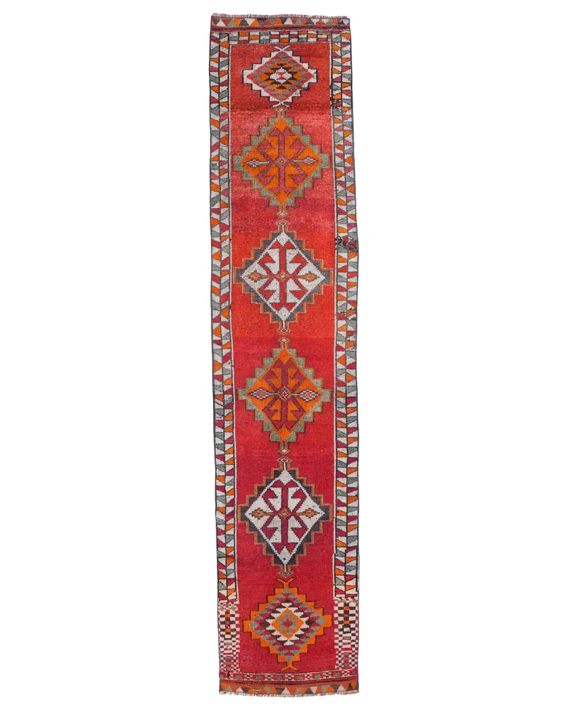 2.6x12.5 ft Runner Vintage Turkish Rug, Red Ikat Wool Rug - 1