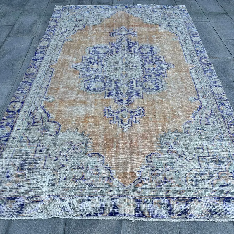 5.9x9.6 ft Vintage Large Rug, Blue Brown Turkish Patchwork Wool Rug - 1