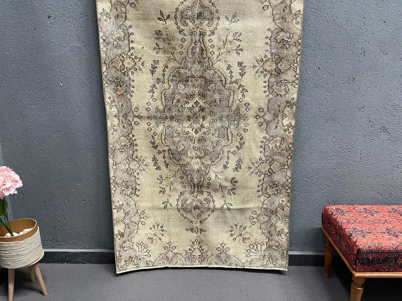 Turkish Oushak Accent Rug 3.6x6.2 ft (110x189 cm), Vintage Brown Floral Rug - 1