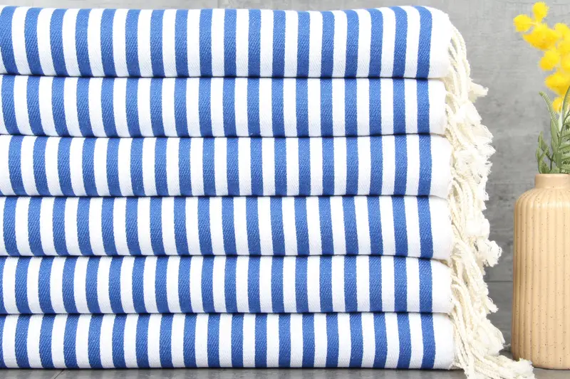 Hand Towel Turkish Organic Cotton Sax Blue Striped, 18x40 Inches