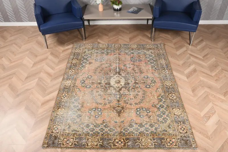 Türk Oushak Büyük Boy Halı 5.2x6.6 ft (157x202 cm), Vintage Mavi Kareli Halı - 1