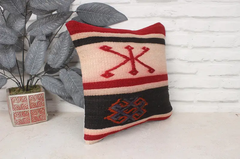Ethnical Kilim Rug Pillow, Pillow Cover, Turkish Kilim Pillow, Vintage Pillow, 14x14 Red Pillow Case, Authentic Pillow - 3