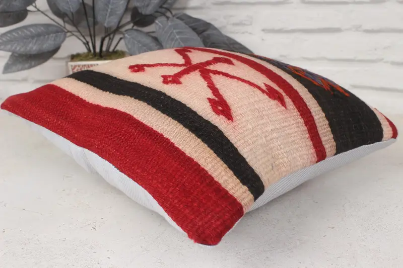 Ethnical Kilim Rug Pillow, Pillow Cover, Turkish Kilim Pillow, Vintage Pillow, 14x14 Red Pillow Case, Authentic Pillow - 6