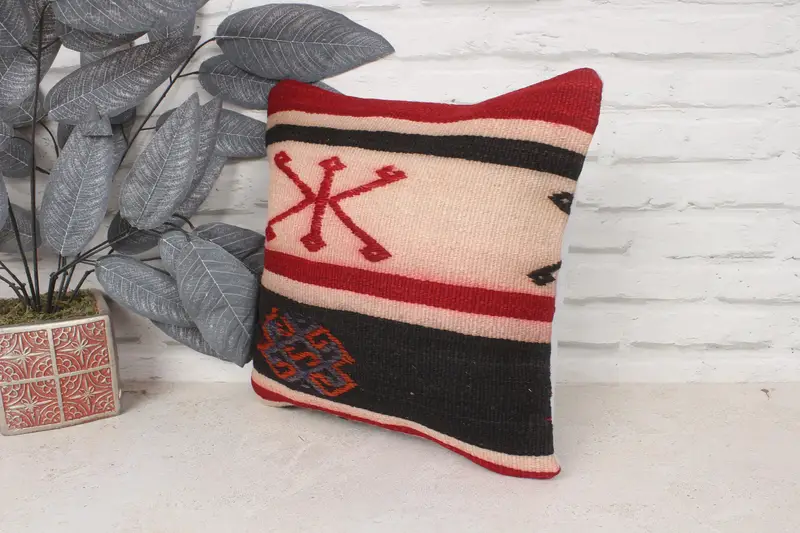 Ethnical Kilim Rug Pillow, Pillow Cover, Turkish Kilim Pillow, Vintage Pillow, 14x14 Red Pillow Case, Authentic Pillow - 4