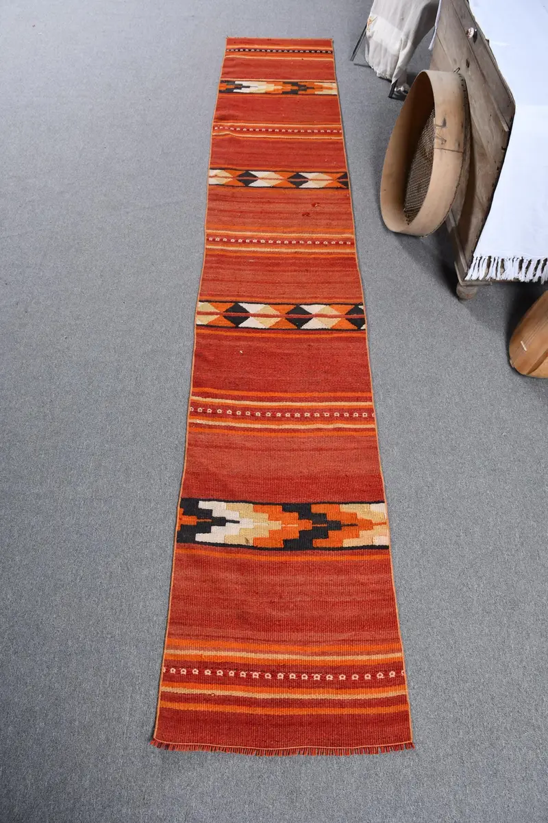 1.9x11.2 ft Rug, Turkish Vintage Rug, Kilim Red Floral Rug - 1