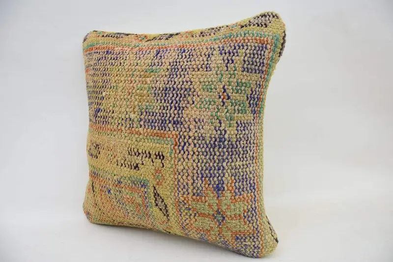 Boho Pillow Sham Cover, Interior Designer Pillow, Throw Kilim Pillow, Neutral Throw Pillow Case, Pillow Cover, 16x16 Orange Cushion - 3