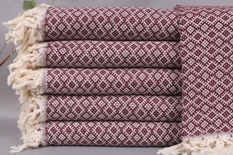 Bridesmaid Gift Turkish Cotton Beach Towel Burgundy Beige, 40x71 Inches