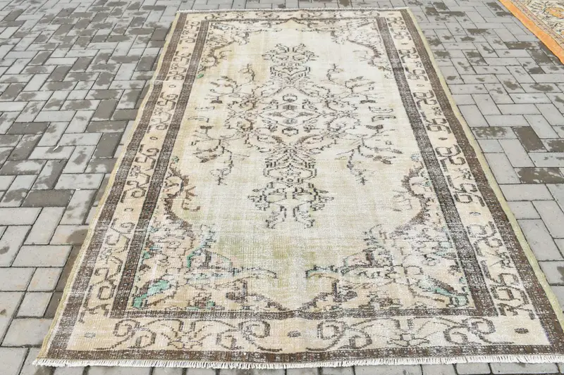 5.5x8.7 ft Turkish Oushak Rug, Brown Patchwork Vintage Wool Rug - 1