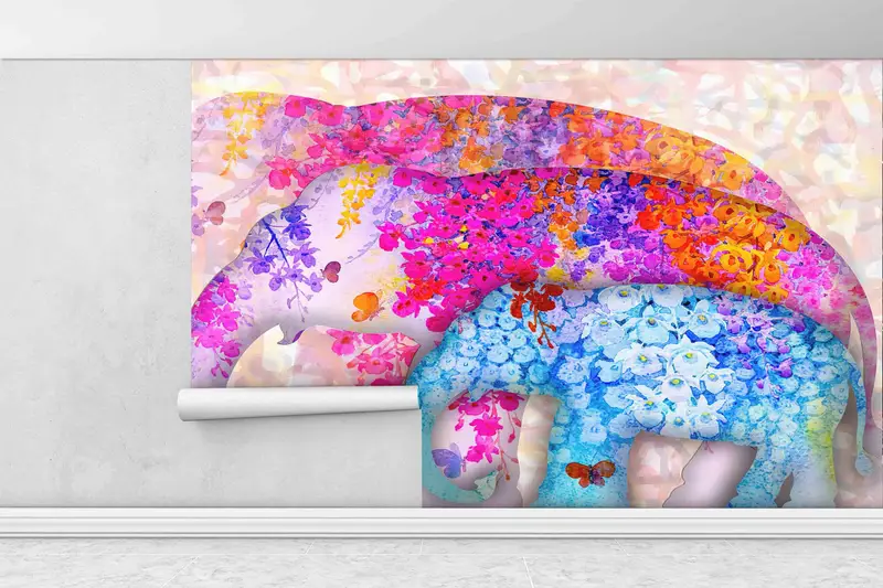 Floral Elephant Digital Paper, Trendy Paper Craft, Floral Three Elephants Wall Decals, Animal Wall Paper, Self Adhesive Paper, Abstract Art, - 2