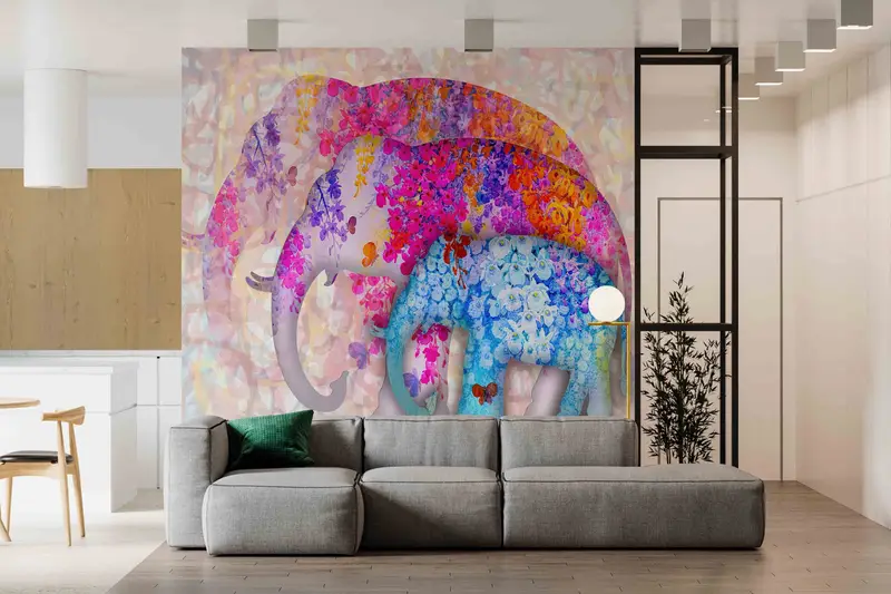 Floral Elephant Digital Paper, Trendy Paper Craft, Floral Three Elephants Wall Decals, Animal Wall Paper, Self Adhesive Paper, Abstract Art, - 4