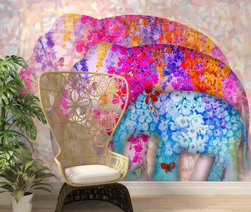 Floral Elephant Digital Paper, Trendy Paper Craft, Floral Three Elephants Wall Decals, Animal Wall Paper, Self Adhesive Paper, Abstract Art, - 1