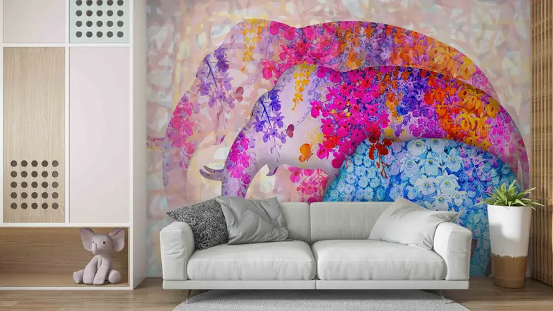 Floral Elephant Digital Paper, Trendy Paper Craft, Floral Three Elephants Wall Decals, Animal Wall Paper, Self Adhesive Paper, Abstract Art, - 7