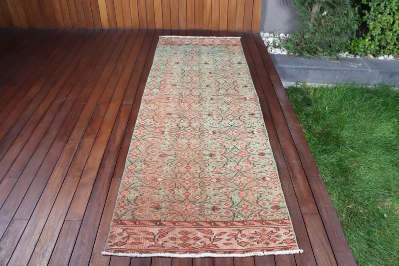 Türk Vintage Oushak Halı 2.9x8.8 ft, Yeşil Yolluk Katı Yün Halı - 1