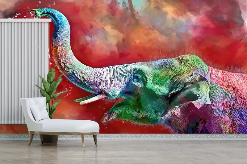 Zarif Baskılı Duvar Kağıdı: Soyut Sevimli Renkli Fil Tasarımı