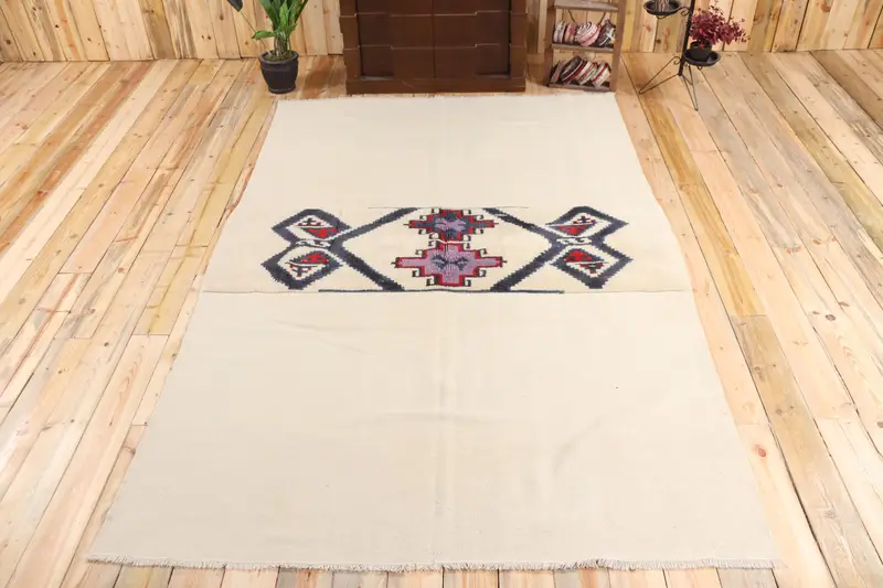 Alfombra grande vintage de 6x9,5 pies, alfombra turca, alfombra geométrica blanca Kilim - 1