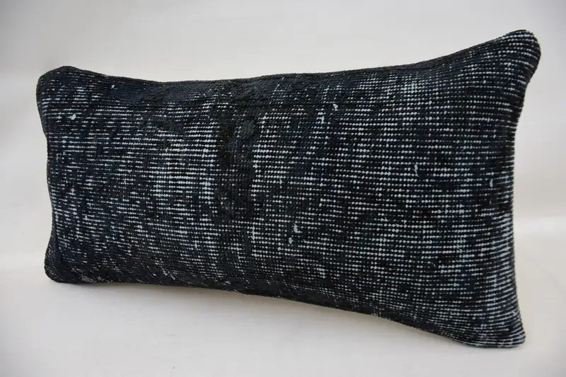 Blue Embroidered Throw Pillow, 12x24 Inches, Handmade Geometric Rectangle Pillow - 3