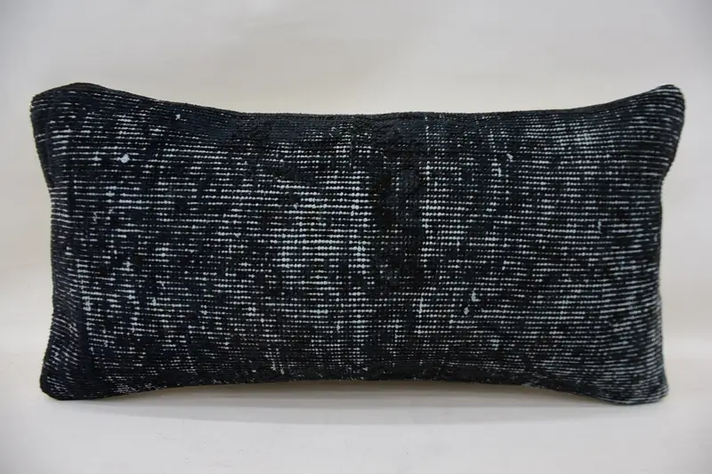 Blue Embroidered Throw Pillow, 12x24 Inches, Handmade Geometric Rectangle Pillow - 4